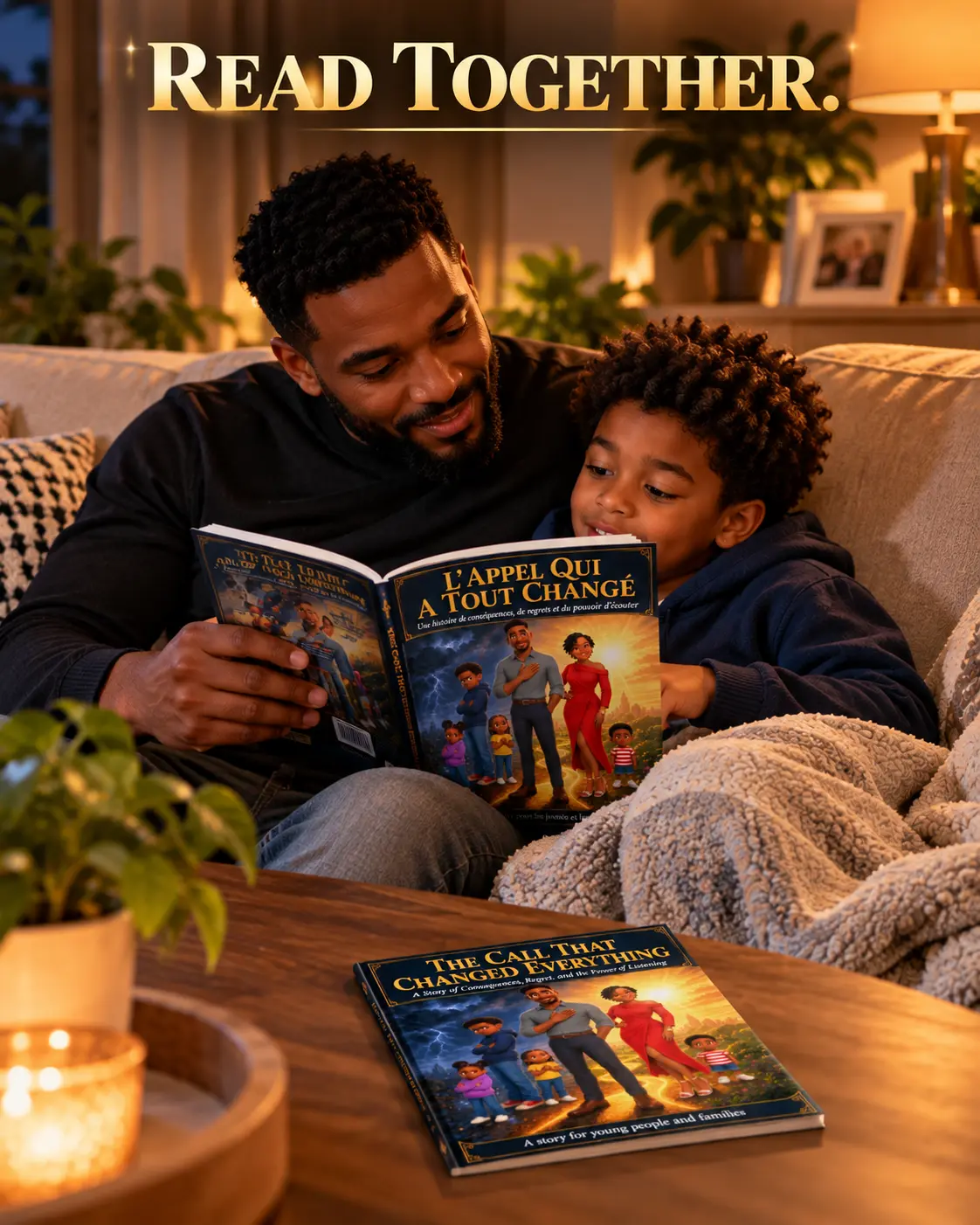 A father and son reading the French edition together